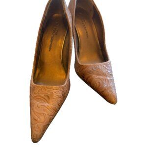 NUDE BEIGE TAN BROWN BEAUTIFULLY EMBOSSED LEATHER HEELS STILETTO PUMPS